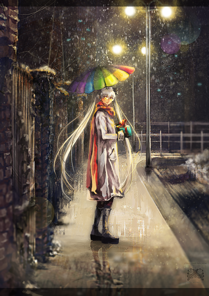 Anime picture 2480x3508 with original ryuuka-nagare single long hair tall image highres twintails yellow eyes grey hair rain street girl glasses boots scarf umbrella coat gift lantern lamppost