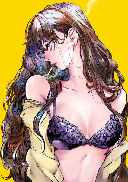 Anime picture 1240x1754 with idolmaster idolmaster cinderella girls ichinose shiki otimusyairoha (yellowhlnch) single long hair tall image fringe breasts light erotic simple background hair between eyes brown hair purple eyes looking away cleavage upper body profile off shoulder wavy hair