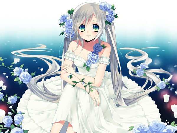 Anime picture 1067x800 with original rugo single long hair twintails green eyes white hair hair flower grey hair girl dress hair ornament flower (flowers) blue rose