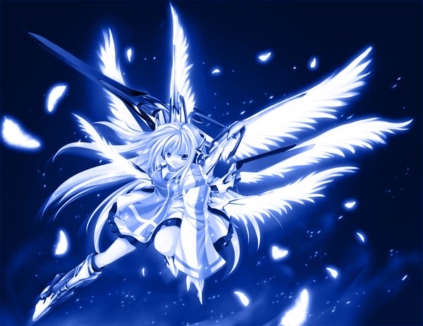 Anime picture 2000x1541 with original tateha (marvelous grace) molten sparkle single long hair highres monochrome blue background third-party edit angel multiple wings girl weapon wings feather (feathers)