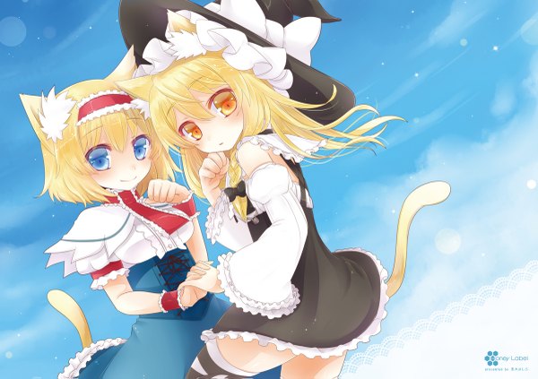 Anime picture 1200x847 with touhou kirisame marisa alice margatroid kuroki mashiro long hair looking at viewer blush short hair blue eyes blonde hair smile multiple girls animal ears sky tail animal tail cat ears cat girl cat tail orange eyes