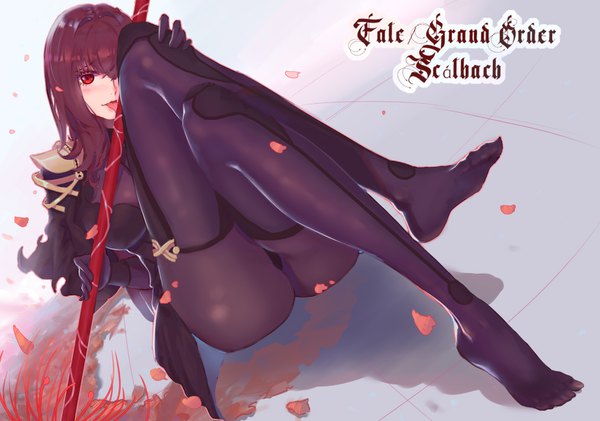 Anime picture 1580x1110 with fate (series) fate/grand order scathach (fate) (all) scathach (fate) atianshi single long hair looking at viewer blush fringe light erotic red eyes brown hair full body no shoes copyright name character names crossed legs hand on knee girl