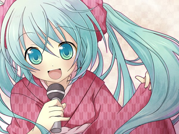 Anime picture 1024x768 with vocaloid hatsune miku koikawa minoru kuroton@9610 single long hair looking at viewer fringe open mouth hair between eyes twintails holding payot upper body traditional clothes japanese clothes aqua eyes aqua hair singing yagasuri