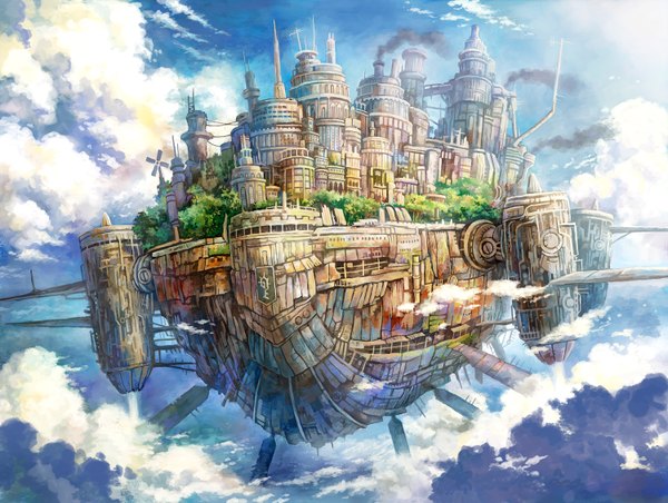 Anime picture 1500x1132 with original kemi neko sky cloud (clouds) city smoke no people landscape floating island plant (plants) tree (trees) building (buildings) flag aircraft airship