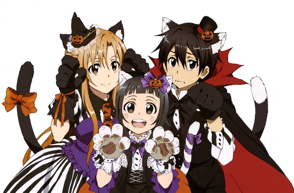 Anime picture 4053x2673 with sword art online a-1 pictures yuuki asuna kirigaya kazuto yui (sao) kawatsuma tomomi long hair looking at viewer highres short hair open mouth black hair smile brown hair white background multiple girls brown eyes animal ears absurdres tail