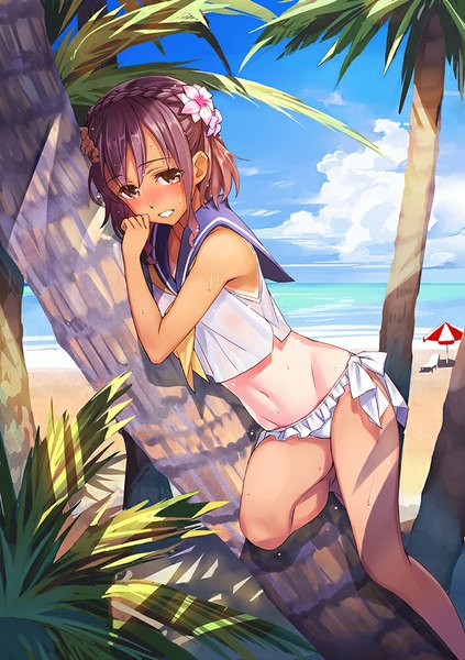 Anime picture 705x1000 with original matsuryuu single long hair tall image looking at viewer blush light erotic brown eyes purple hair lying braid (braids) hair flower bare belly wet beach on side tan girl navel