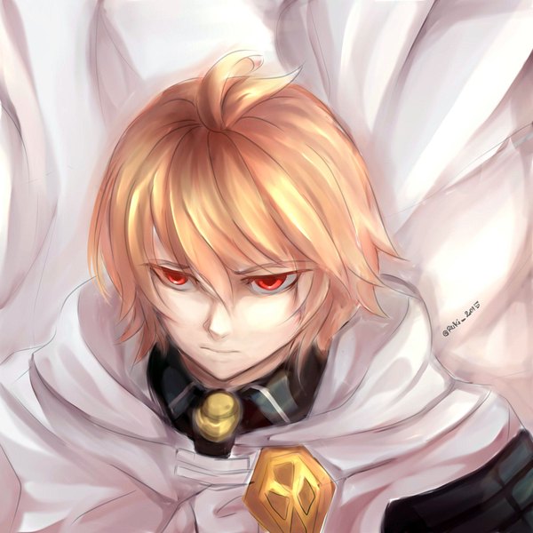 Anime picture 2000x2000 with owari no seraph wit studio hyakuya mikaela ruki single fringe highres short hair blonde hair red eyes signed ahoge from above wind portrait serious sketch boy hood cape