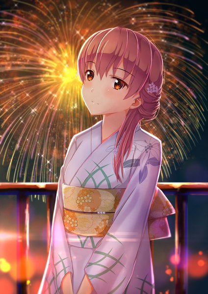 Anime picture 1240x1754 with koe no katachi kyoto animation nishimiya shouko sion005 single long hair tall image looking at viewer blush fringe hair between eyes standing brown eyes pink hair traditional clothes japanese clothes hair flower night fireworks girl