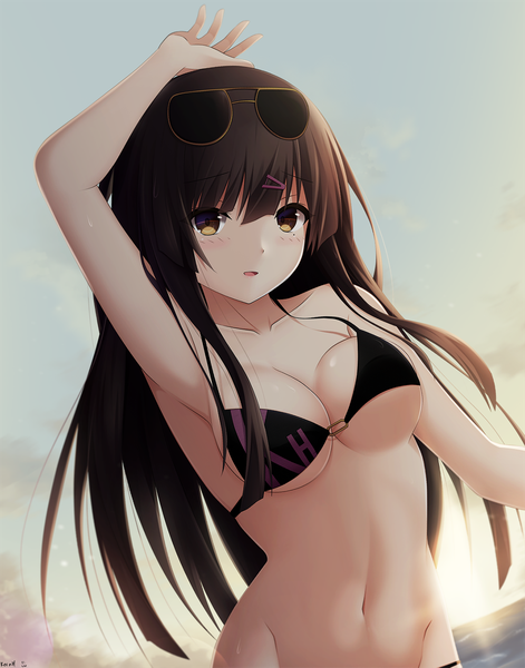 Anime picture 1255x1600 with original keenh single long hair tall image looking at viewer blush fringe breasts open mouth light erotic black hair hair between eyes signed yellow eyes payot sky cleavage outdoors arm up