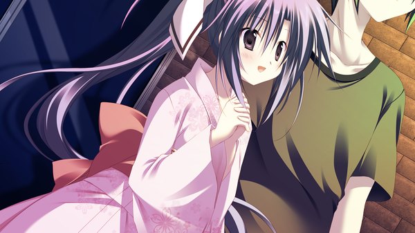 Anime picture 1280x720 with gakuou tenguji aquarius uduki korie riko long hair open mouth wide image game cg purple hair ponytail japanese clothes black eyes girl kimono