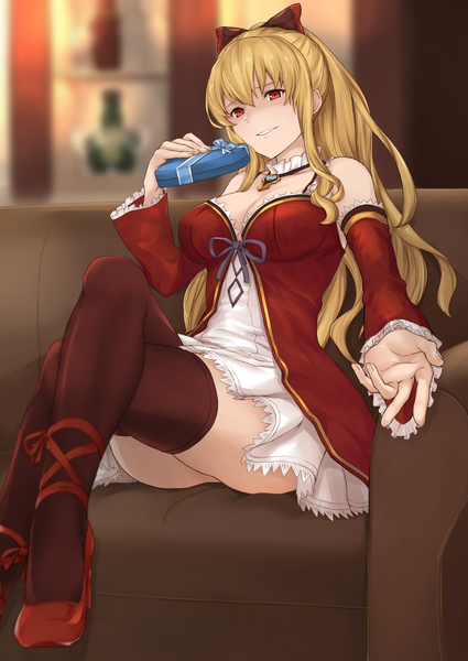 Аниме картинка 878x1239 с granblue fantasy vira lilie terry один (одна) длинные волосы высокое изображение смотрит на зрителя чёлка грудь открытый рот лёгкая эротика светлые волосы улыбка волосы между глазами красные глаза большая грудь сидит голые плечи держать пейсы