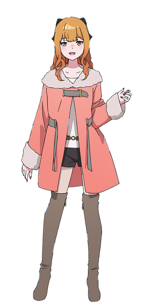 Anime picture 760x1600 with yoru no kurage wa oyogenai mion (yoru no kurage wa oyogenai) single long hair tall image looking at viewer open mouth standing full body nail polish :d orange hair official art orange eyes fur trim transparent background pink nail polish girl shorts boots