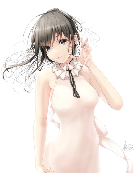 Anime picture 1562x2000 with original suzume (simple0091) single long hair tall image looking at viewer fringe breasts simple background hair between eyes brown hair standing white background bare shoulders holding signed payot head tilt arm up lips