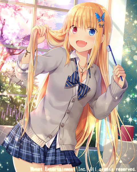 Anime picture 640x800 with falkyrie no monshou natsumekinoko single long hair tall image looking at viewer blush fringe breasts open mouth blue eyes blonde hair smile hair between eyes standing holding payot cleavage indoors long sleeves