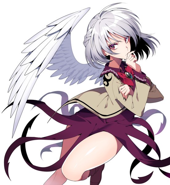 Anime picture 4701x5104 with touhou kishin sagume kamenozoki momomo single tall image highres short hair simple background red eyes standing white background absurdres silver hair standing on one leg hand to mouth single wing girl wings