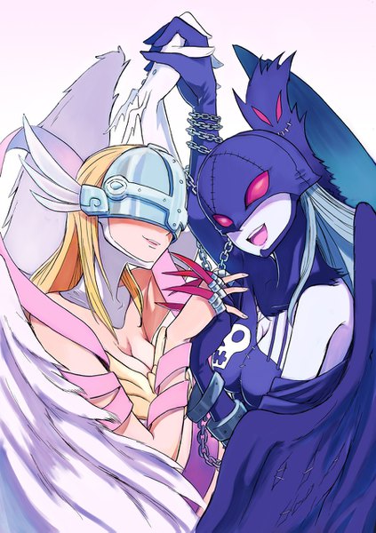 Anime picture 900x1275 with digimon digimon adventure angewomon ladydevimon aosa (momikin) long hair tall image breasts open mouth blonde hair simple background smile red eyes white background bare shoulders multiple girls cleavage silver hair upper body head tilt