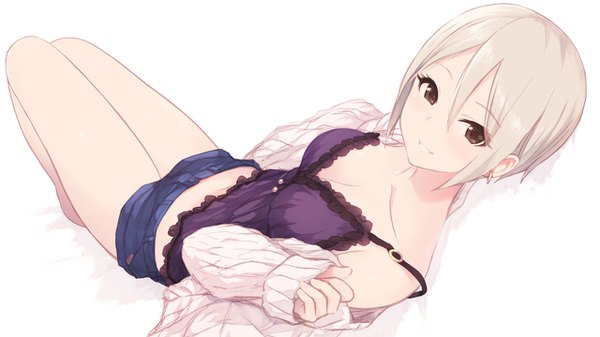 Anime picture 1280x720 with idolmaster idolmaster cinderella girls shiomi shuuko cait single looking at viewer blush fringe short hair breasts simple background smile hair between eyes wide image white background brown eyes payot cleavage silver hair lying