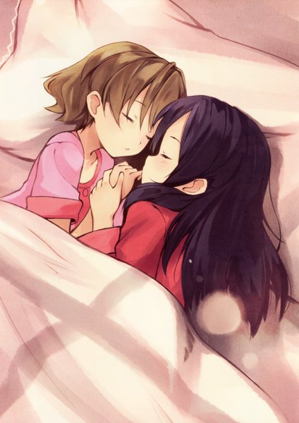 Anime picture 2119x3000 with precure fresh precure! toei animation higashi setsuna momozono love kyuri long hair tall image blush highres short hair brown hair multiple girls purple hair eyes closed holding hands sleeping face to face kiss girl