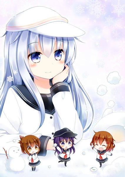 Anime picture 700x988 with kantai collection hibiki destroyer verniy destroyer akatsuki destroyer inazuma destroyer ikazuchi destroyer murasaki-neko long hair tall image blush fringe short hair open mouth blue eyes smile hair between eyes brown hair standing purple eyes multiple girls