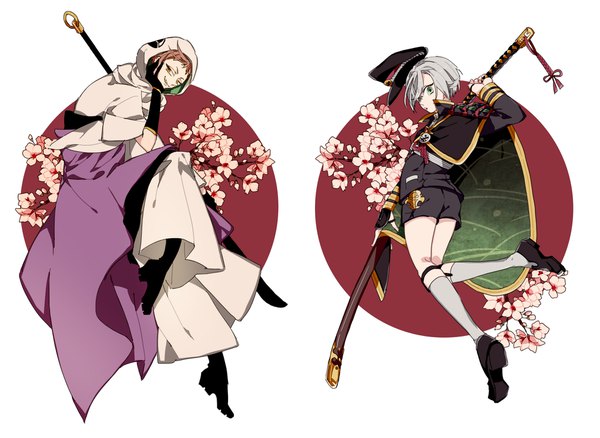 Anime picture 2000x1460 with touken ranbu nitroplus hotarumaru iwatooshi syubare looking at viewer highres short hair simple background brown hair white background full body traditional clothes japanese clothes grey hair multiple boys cherry blossoms chin rest hat removed headwear removed