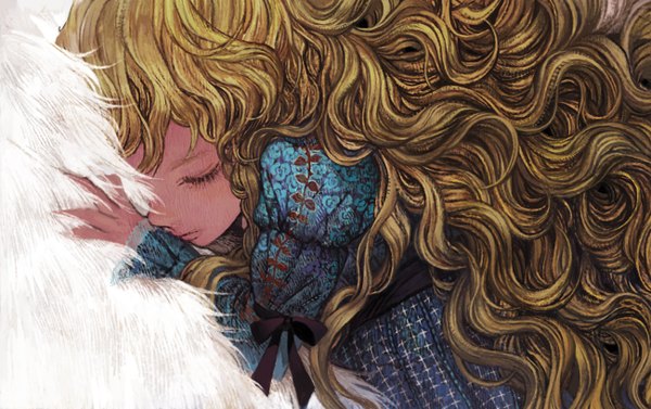 Anime picture 1300x817 with original matayoshi single long hair blonde hair lying eyes closed wavy hair sleeping curly hair girl dress ribbon (ribbons) bow fur