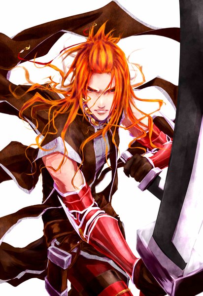 Anime picture 1280x1862 with moneynew single long hair tall image highres simple background white background orange hair orange eyes boy gloves weapon sword elbow gloves sheath