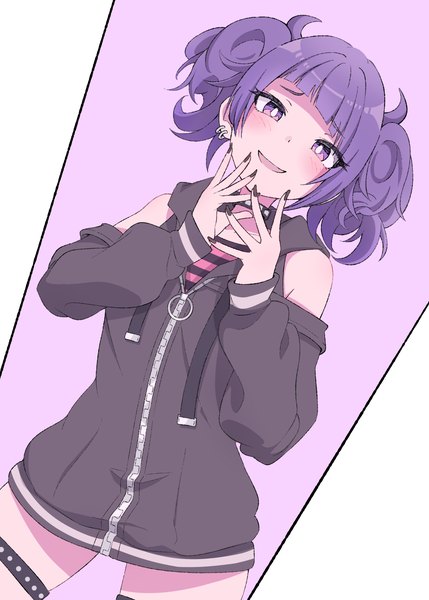 Anime picture 1066x1491 with idolmaster idolmaster shiny colors tanaka mamimi eito12 single tall image looking at viewer blush fringe short hair smile purple eyes twintails bare shoulders purple hair blunt bangs nail polish piercing short twintails ear piercing