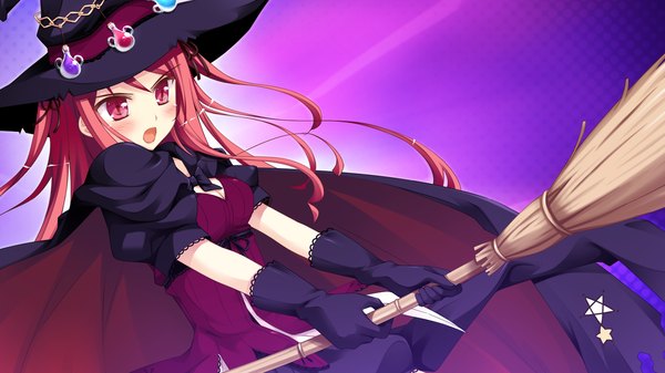Anime picture 1280x720 with witch's garden hinomiya ayari ko~cha single long hair blush open mouth red eyes wide image game cg red hair witch girl dress gloves witch hat broom