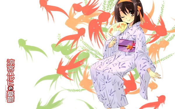 Anime picture 1920x1200 with suzumiya haruhi no yuutsu kyoto animation suzumiya haruhi itou noiji highres wide image japanese clothes official art animal print fish print girl yukata