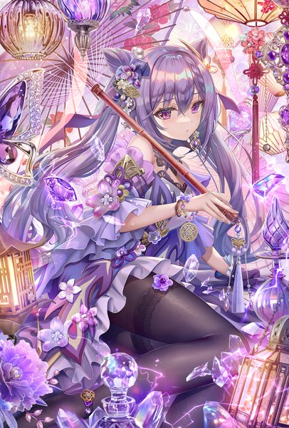 Anime picture 1200x1775 with genshin impact keqing (genshin impact) torino aqua single long hair tall image looking at viewer fringe open mouth hair between eyes sitting purple eyes twintails holding purple hair bent knee (knees) braid (braids) hair flower fingernails wide sleeves