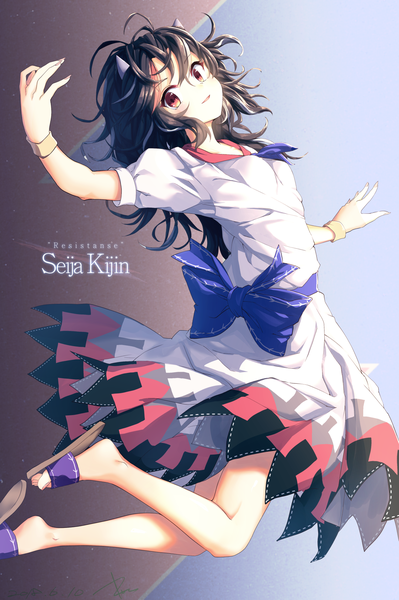 Anime picture 1316x1979 with touhou kijin seija kisamu (ksmz) single long hair tall image looking at viewer black hair red eyes bent knee (knees) parted lips horn (horns) fingernails short sleeves character names long fingernails arched back jumping messy hair girl