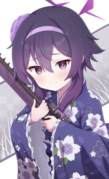 Anime picture 1522x2480 with blue archive haruka (blue archive) haruka (new year) (blue archive) yuchiberu single tall image blush fringe short hair smile hair between eyes purple eyes purple hair upper body traditional clothes japanese clothes official alternate costume floral print girl weapon
