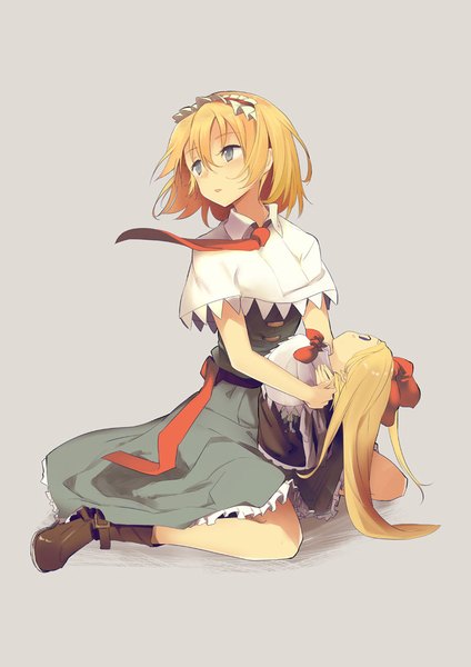 Anime picture 700x990 with touhou alice margatroid shanghai mieharu single tall image fringe short hair blonde hair simple background hair between eyes sitting holding looking away full body wind grey background grey eyes wariza girl