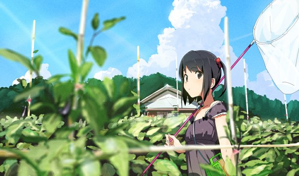 Anime picture 997x588 with original domo1220 single looking at viewer blush fringe short hair black hair wide image sky cloud (clouds) parted lips black eyes sunlight one side up girl hair ornament plant (plants) tree (trees) building (buildings)