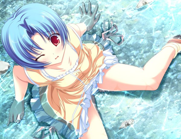 Anime picture 1560x1200 with inakoi haruhi sarasa tenmaso single looking at viewer blush short hair open mouth light erotic red eyes sitting blue hair game cg one eye closed from above wink pantyshot sitting girl dress underwear