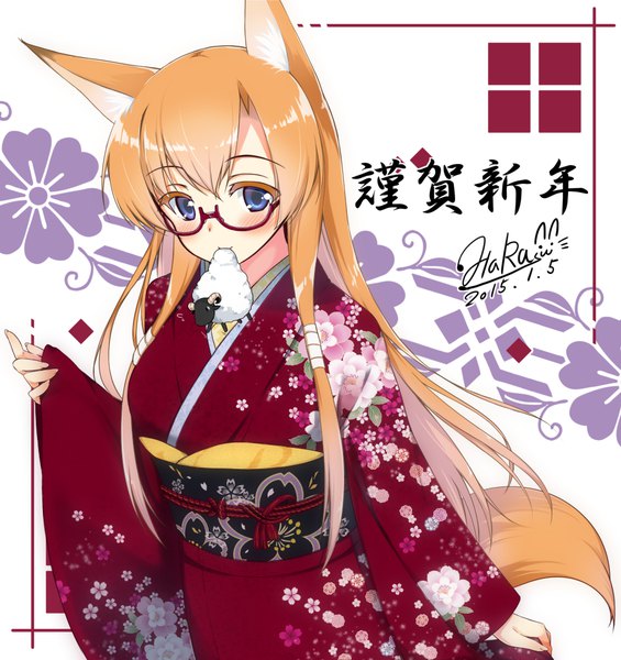 Anime picture 1000x1063 with original haru (matatabi sanjou) single long hair tall image blush fringe blue eyes blonde hair hair between eyes white background holding signed animal ears payot tail traditional clothes japanese clothes animal tail wide sleeves