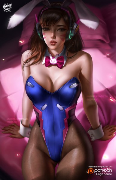 Anime picture 1500x2328 with overwatch blizzard entertainment d.va (overwatch) logan cure single long hair tall image looking at viewer fringe breasts light erotic brown hair sitting bare shoulders brown eyes signed animal ears cleavage indoors blunt bangs