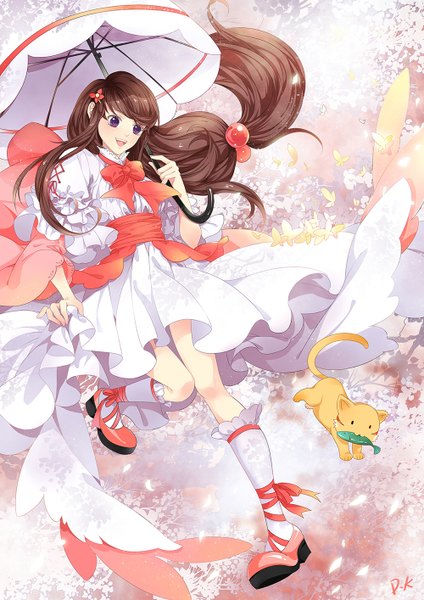 Anime picture 1000x1414 with tagme (copyright) dk (pixiv) long hair tall image blush open mouth smile brown hair purple eyes hair flower mouth hold girl dress hair ornament flower (flowers) bow animal petals socks bowtie