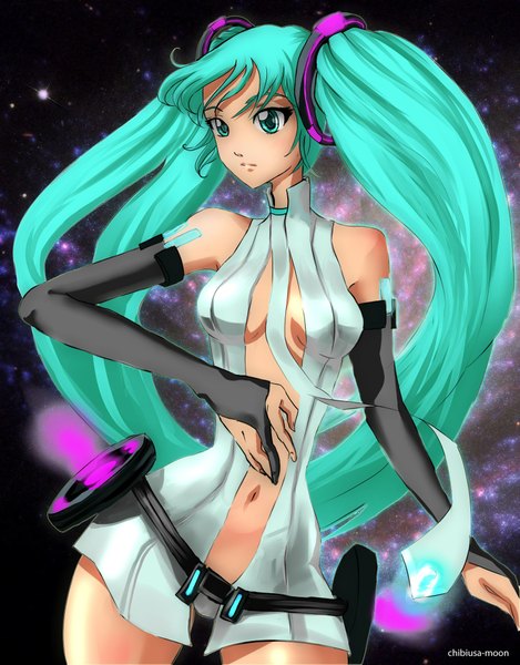Anime picture 1596x2038 with vocaloid vocaloid append hatsune miku hatsune miku (append) chibiusa-moon single long hair tall image highres twintails bare shoulders looking away aqua eyes aqua hair space girl gloves navel detached sleeves elbow gloves