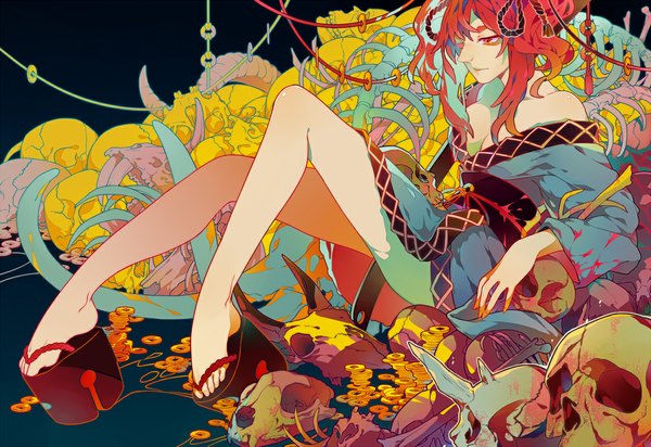 Anime picture 1181x812 with touhou onozuka komachi qiangzi (thorax) single long hair fringe light erotic red eyes sitting bare shoulders red hair traditional clothes japanese clothes horn (horns) off shoulder teeth fang (fangs) legs skeleton bone (bones)