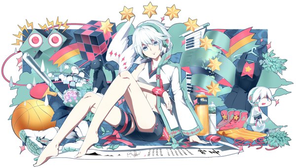Anime-Bild 1680x960 mit vocaloid yan he pianzu mao looking at viewer short hair blue eyes wide image white hair barefoot legs girl flower (flowers) swimsuit wings shoes jacket shorts headphones star (symbol) cat