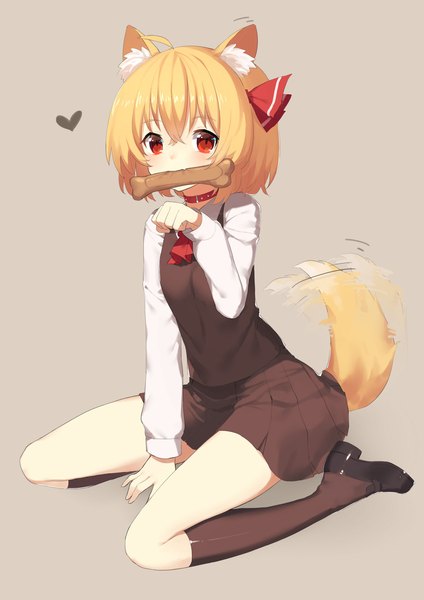 Anime picture 1200x1697 with touhou rumia sh (562835932) single tall image looking at viewer fringe short hair simple background blonde hair hair between eyes sitting holding animal ears full body ahoge tail long sleeves animal tail grey background