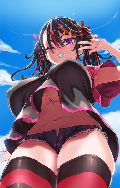 Anime picture 700x1095 with virtual youtuber indie virtual youtuber formica (vtuber) asanagi single long hair tall image looking at viewer fringe breasts light erotic black hair smile hair between eyes purple eyes twintails payot sky cloud (clouds) outdoors