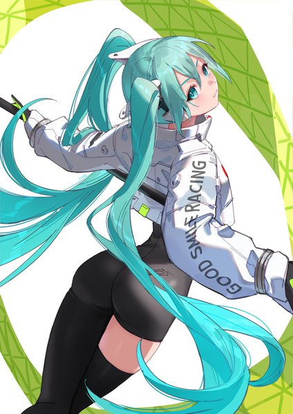 Anime picture 1191x1684 with vocaloid goodsmile racing hatsune miku racing miku racing miku (2022) nima (niru54) single tall image fringe hair between eyes white background twintails ass very long hair aqua eyes aqua hair zettai ryouiki girl thighhighs single thighhigh