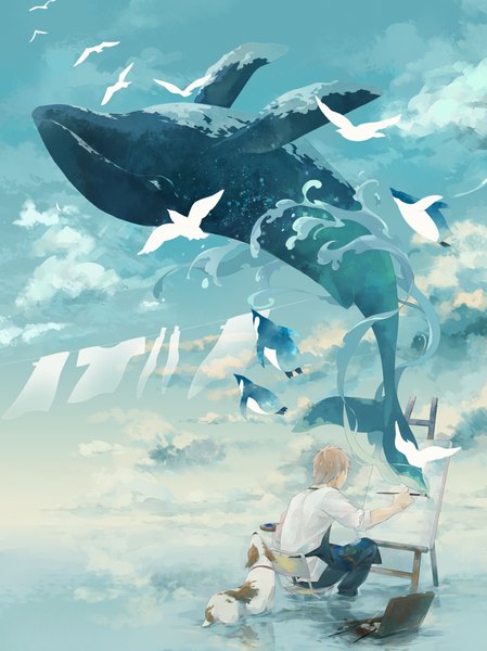 Anime picture 800x1069 with original zakka single tall image short hair blonde hair sitting holding sky cloud (clouds) from behind back twisty sleeves drawing boy animal shirt water socks sea