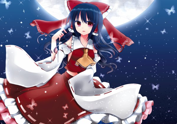 Anime picture 2185x1535 with touhou hakurei reimu yuzuki (blossom) single long hair highres black hair red eyes night sparkle miko girl skirt detached sleeves insect butterfly moon skirt set red skirt ascot