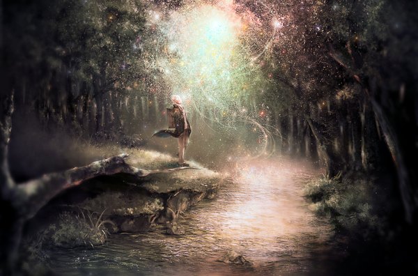 Anime picture 2500x1650 with mushishi ginko scarlet97 single fringe highres short hair standing white hair looking up hand in pocket glow river boy plant (plants) tree (trees) shoes pants grass forest