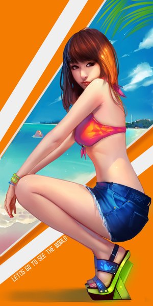 Anime picture 780x1560 with superschool48 single long hair tall image fringe light erotic brown hair sitting bare shoulders brown eyes looking away sky cloud (clouds) bent knee (knees) nail polish lips realistic inscription bare belly bare legs