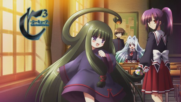 Anime picture 1920x1080 with cube x cursed x curious silver link fear kubrick ueno kirika yachi haruaki long hair blush highres short hair open mouth red eyes brown hair wide image purple eyes multiple girls silver hair purple hair ponytail very long hair green hair
