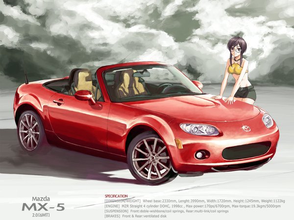 Anime picture 1024x768 with mazda tantaka short hair smile glasses shorts ground vehicle car convertible